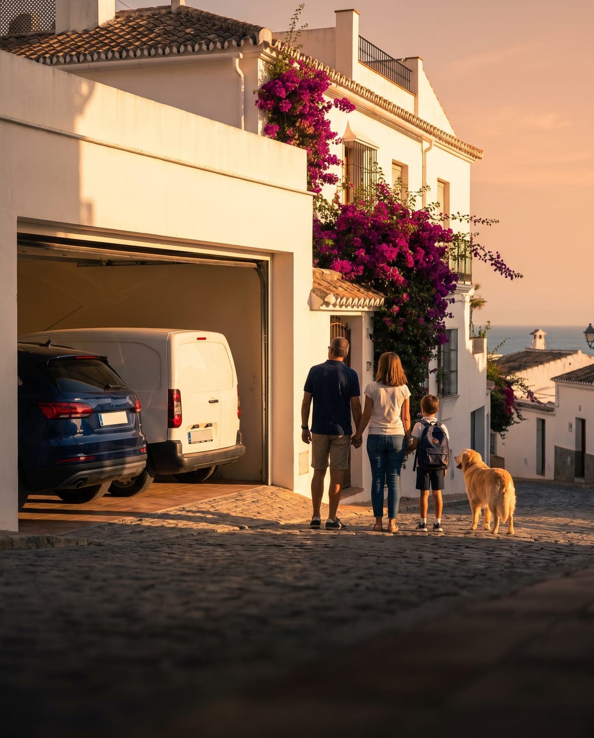 Una familia con su perro mira su casa blanca en Málaga, con un coche y una furgoneta en el garaje, al atardecer