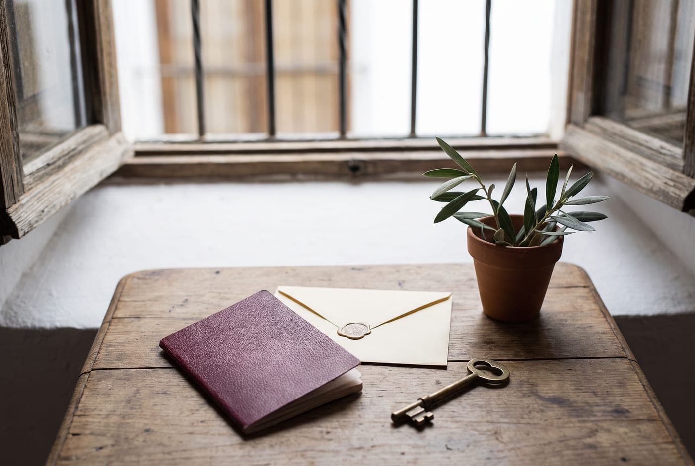 Pasaporte, sobre y llave sobre una mesa de madera con luz andaluza